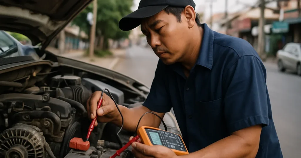 ช่างวัดแรงดันไฟชาร์จเพื่อแยกอาการไดชาร์จเสียกับแบตเสีย