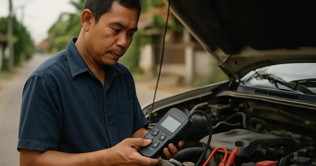 ช่างวัดค่า CCA แบตเตอรี่รถยนต์ด้วยเครื่องทดสอบแบต